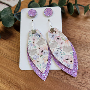 Purple Feathered bunny earrings with studs